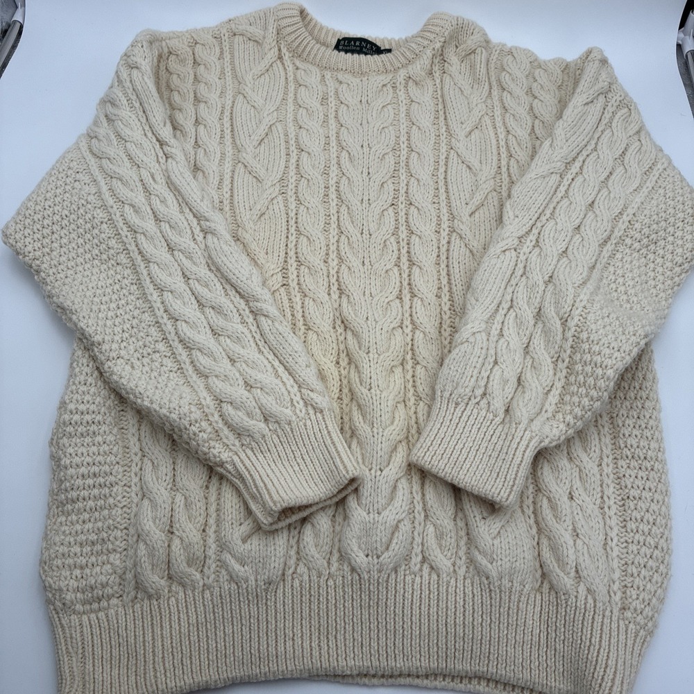 Blarney Woollen Mills Aran Knit Sweater Women XL Pure New Wool Cream Irish Cable